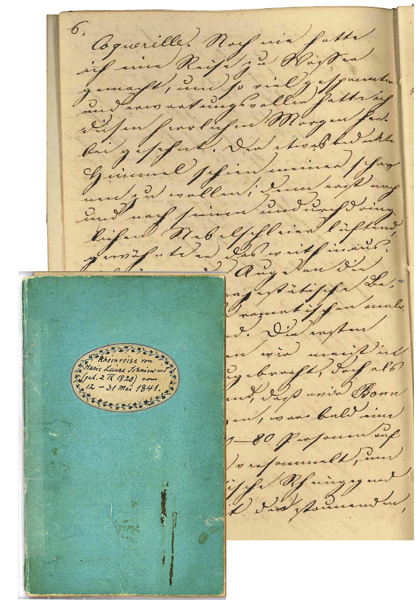 eine Seite mit schwungvoller Handschrift gefüllt, davor ein kleineres Bild des grünen Tagebuchheftes