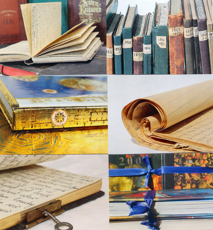 Karten-Set 2 sechs verschiedene Postkarten im Längsformat mit Motiven aus dem Tagebucharchiv : das sind beschriebene Seiten aus Tagebüchern, Buchrücken älterer Tagebücher